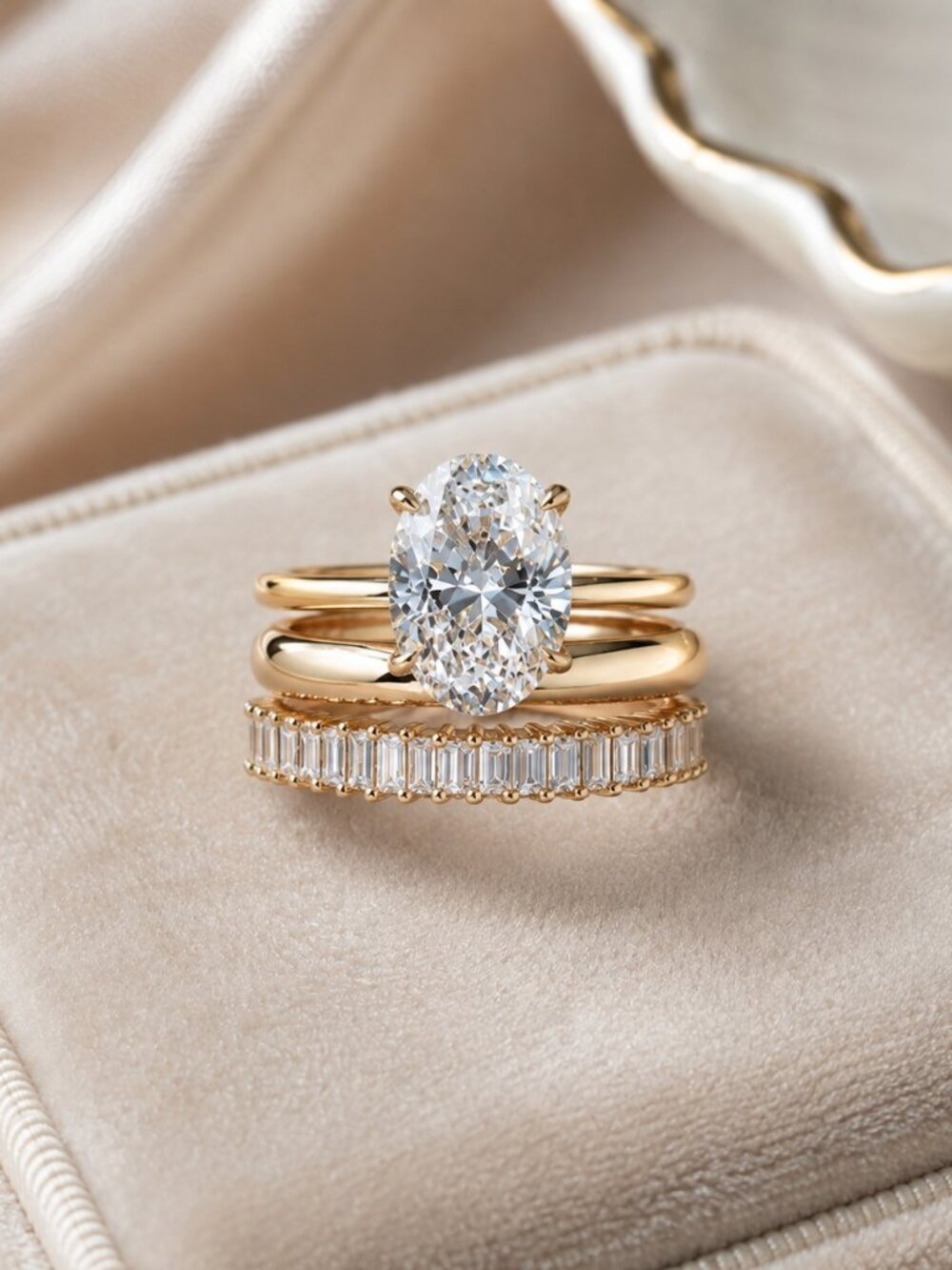 3-Piece Oval CZ Engagement Ring Set Gold Baguette Band Size 6 NWT